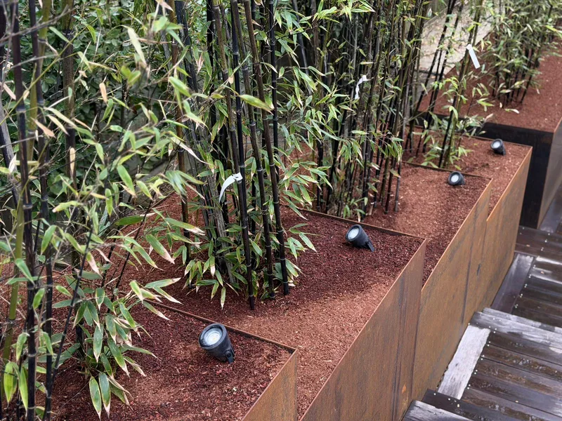 Bacs étagés en acier corten avec bambous noirs et éclairage LED — vue principale