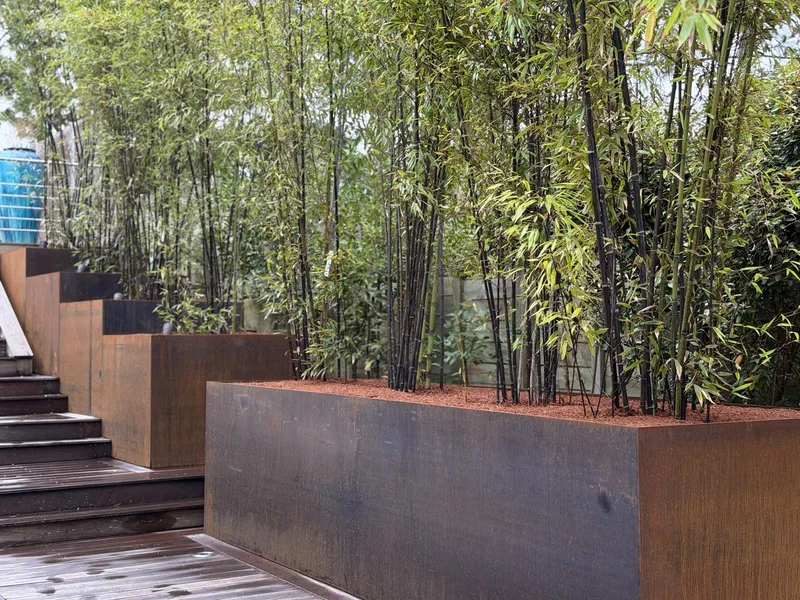 Vue d'ensemble de l'escalier corten avec piscine et terrasse en bois